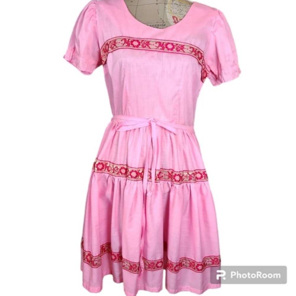 VINTAGE 70's Handmade Size 6 Pink Puff Sleeve Ruffle A-Line Dress Cottagecore - Picture 7 of 7